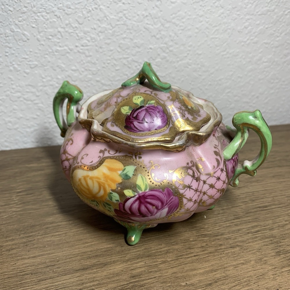 VTG Moriage Porcelain Creamer Sugar Bowl Set Roses Gold Trim Green Purple Fancy - Picture 3 of 7